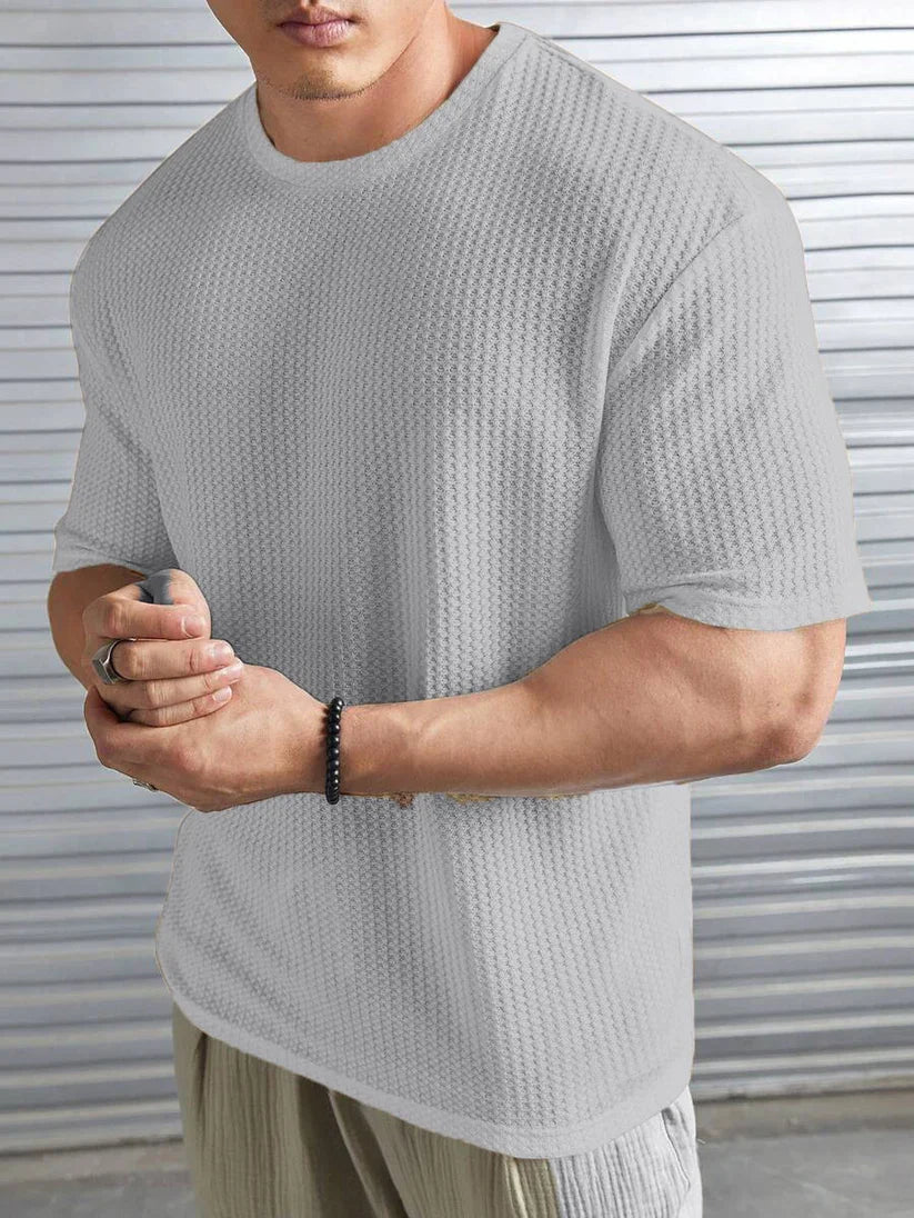 T-shirt à épaules tombantes en tricot gaufré pour homme, gris