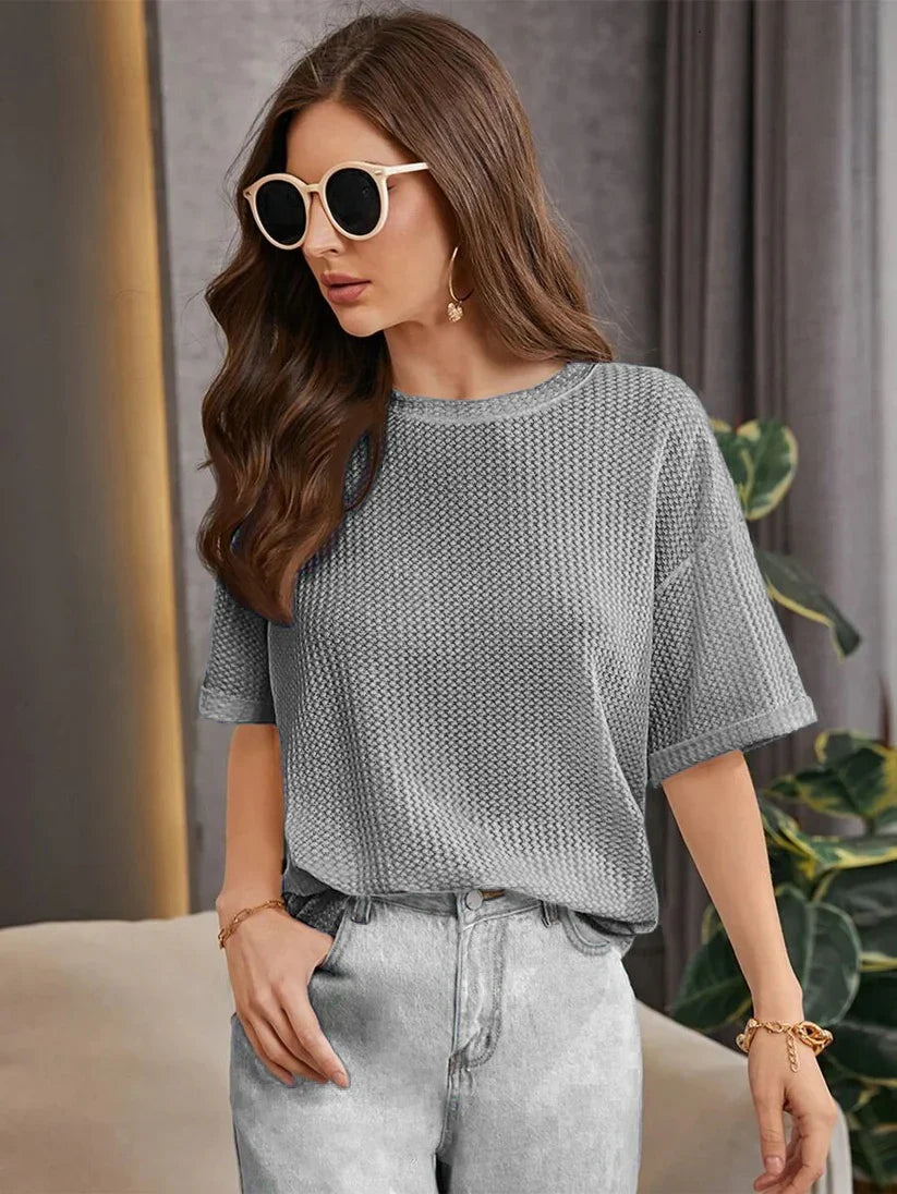 Waffle Knitted Drop Shoulder T-Shirt Grey