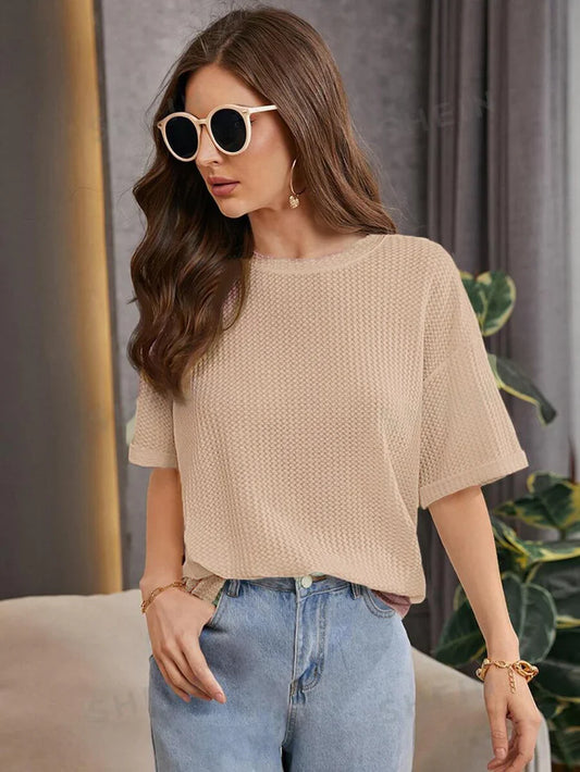 Waffle Knitted Drop Shoulder T-Shirt Beige