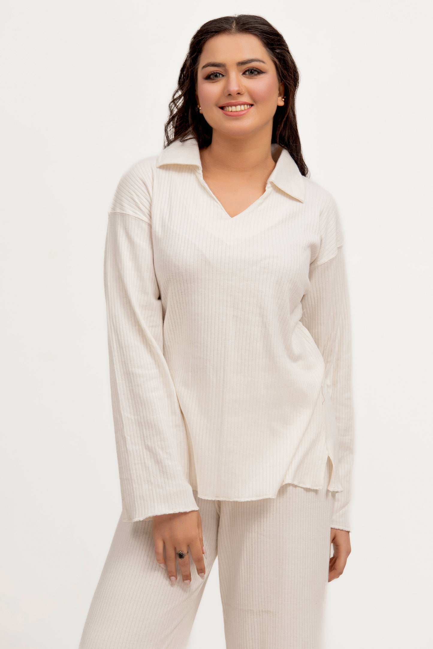 Plain Co-Ord Waffle Knitted V-Neck - WHITE