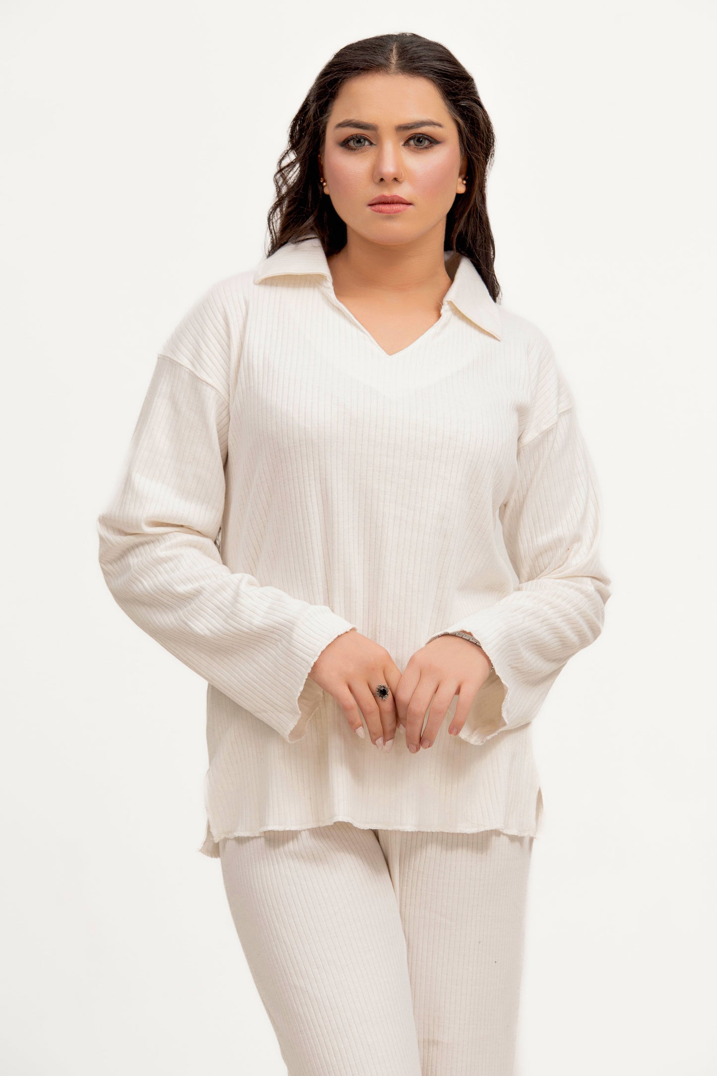 Plain Co-Ord Waffle Knitted V-Neck - WHITE