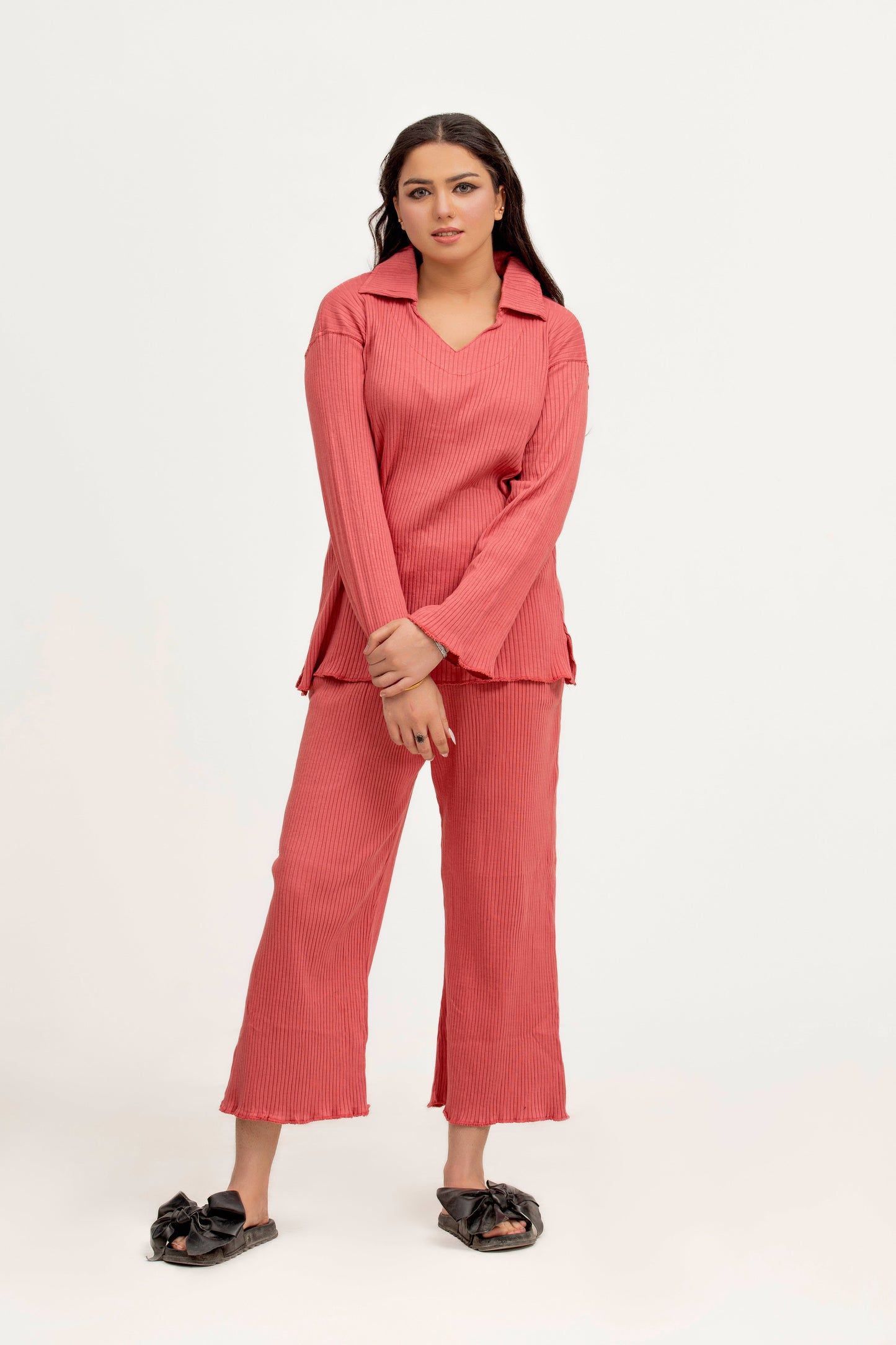 Plain Co-Ord Waffle Knitted V-Neck - PINK