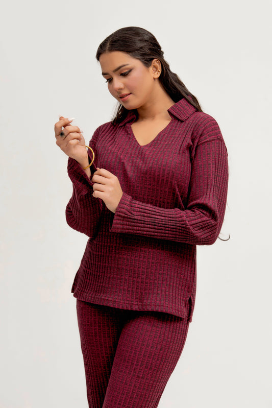 Plain Co-Ord Waffle Knitted V-Neck - MAROON