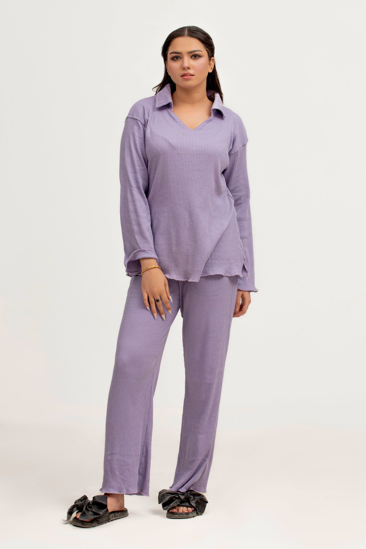 Plain Co-Ord Waffle Knitted V-Neck - LILAC