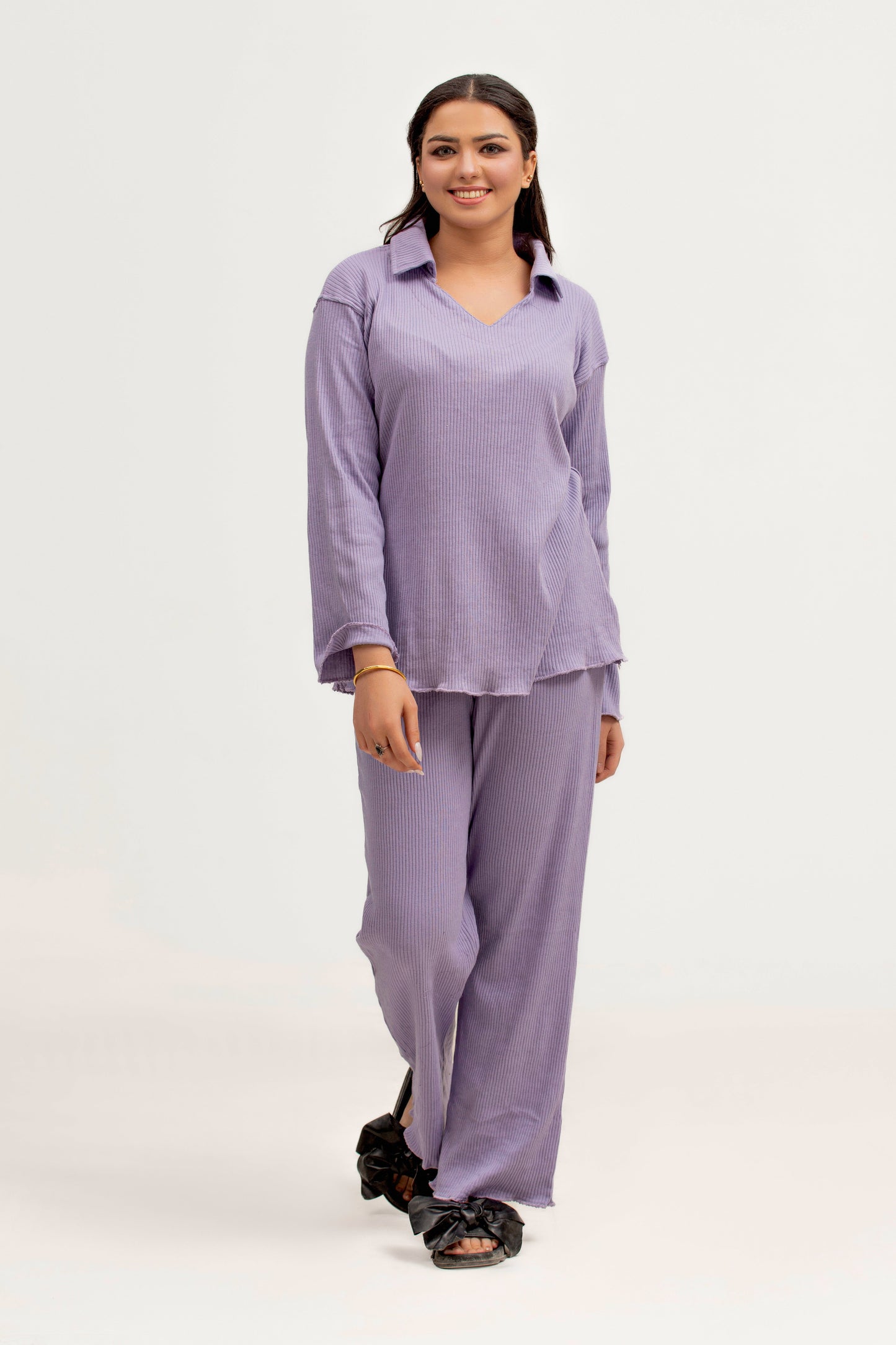 Plain Co-Ord Waffle Knitted V-Neck - LILAC