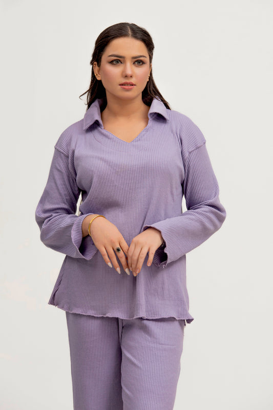 Pull col V uni en tricot gaufré coordonné - LILAS