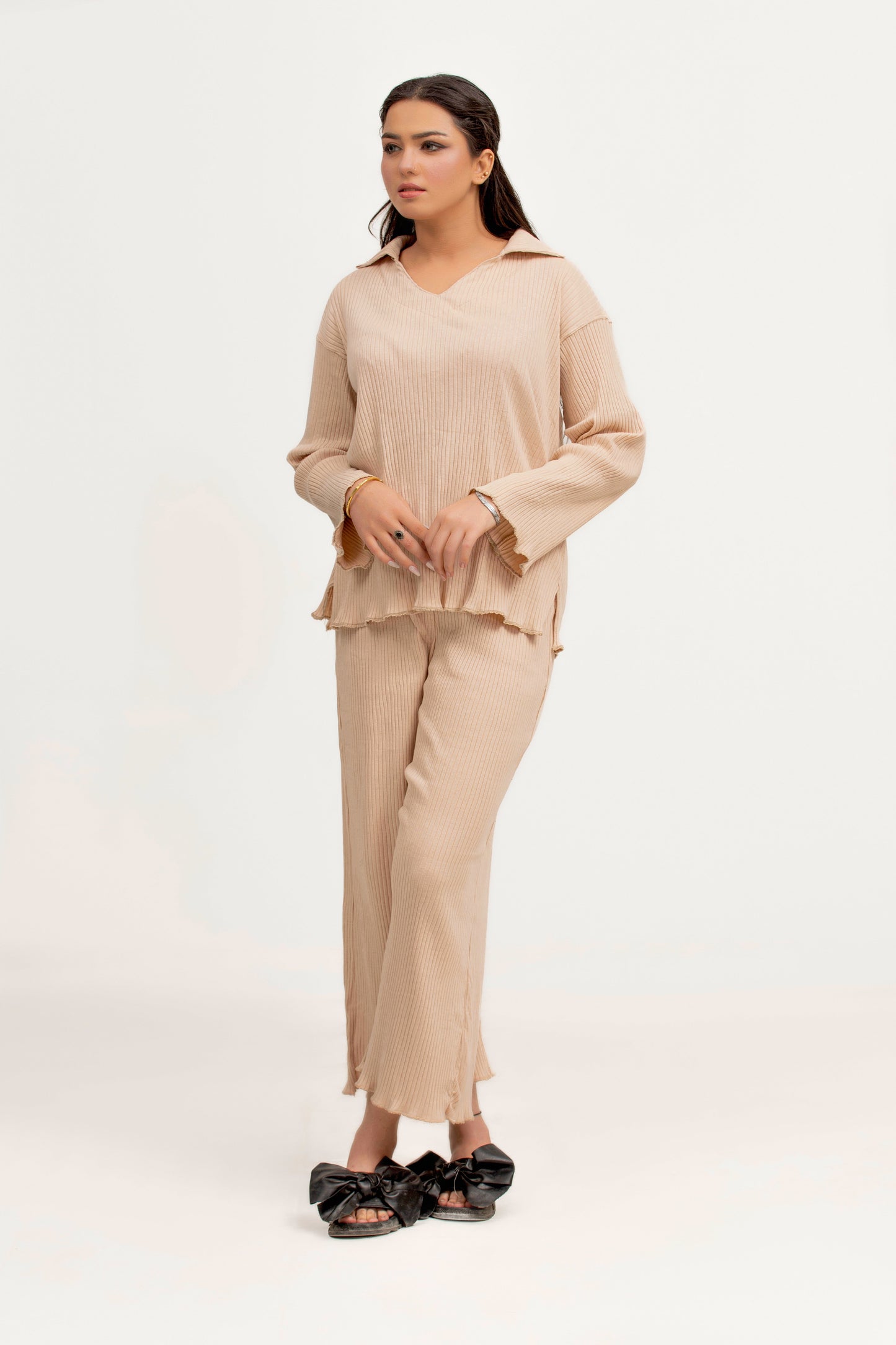 Plain Co-Ord Waffle Knitted V-Neck - CREAM