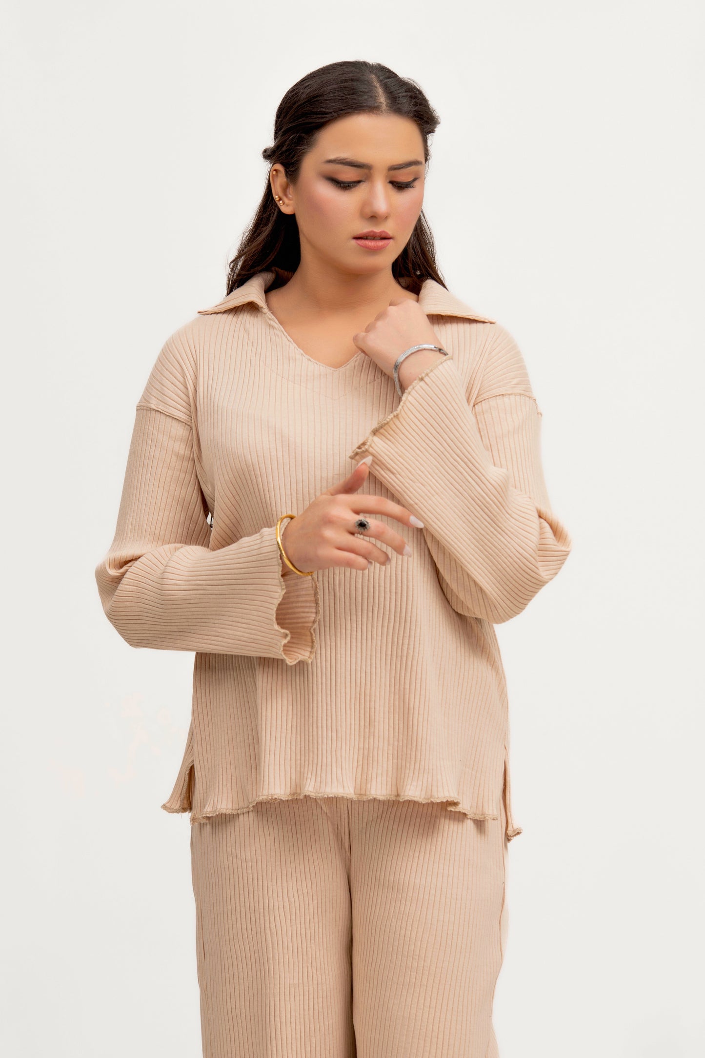 Plain Co-Ord Waffle Knitted V-Neck - CREAM