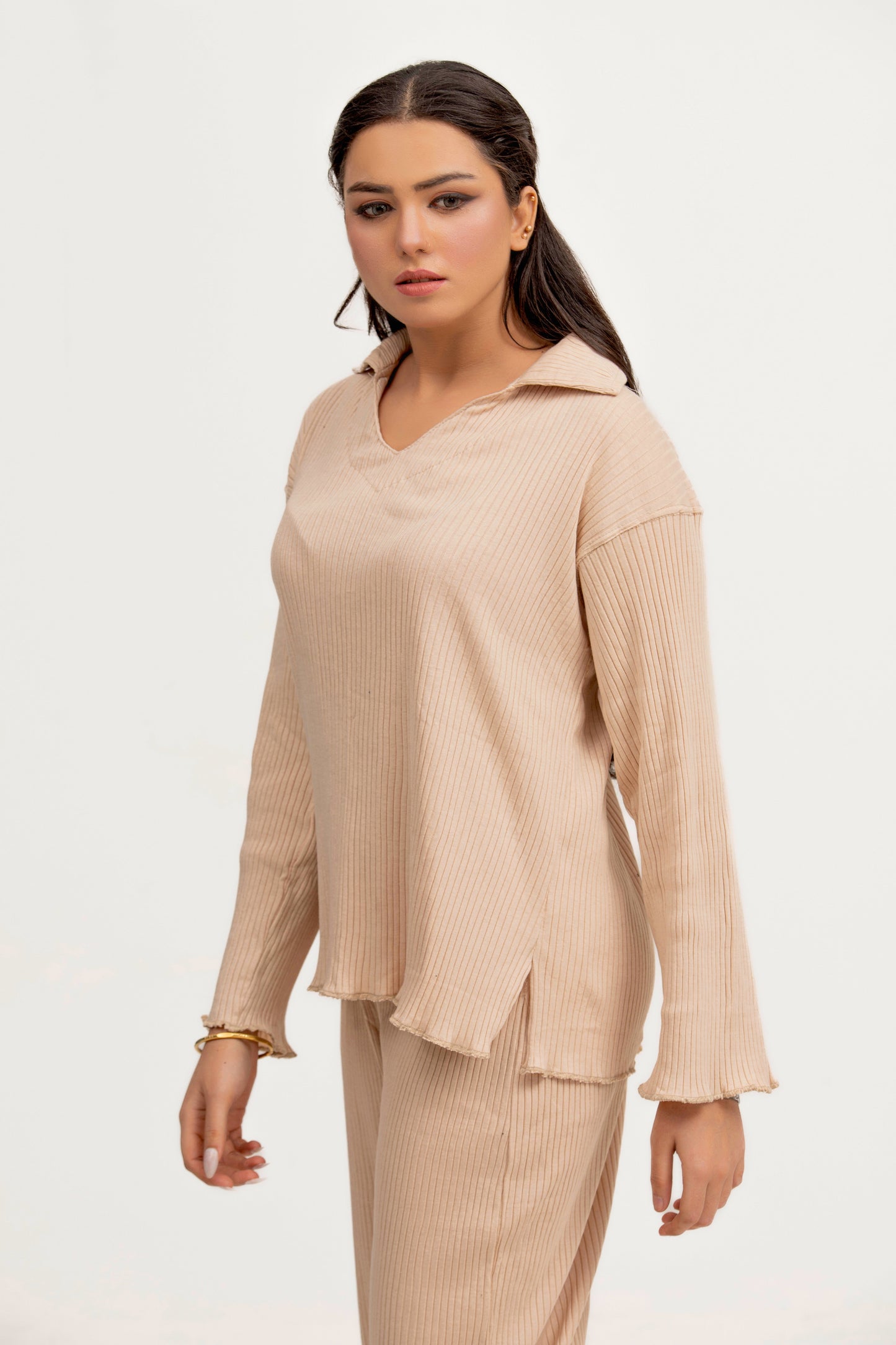 Plain Co-Ord Waffle Knitted V-Neck - CREAM