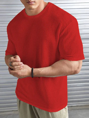 T-shirt à épaules tombantes en tricot gaufré rouge