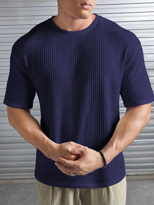 T-shirt à épaules tombantes en tricot gaufré pour homme, bleu