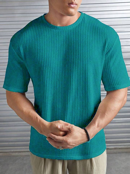 T-shirt à épaules tombantes en tricot gaufré pour homme, vert turc