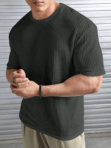 Waffle Knitted Drop Shoulder T-Shirt Charcoal