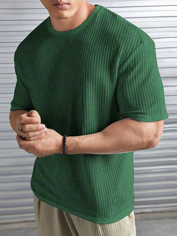 Waffle Knitted Drop Shoulder T-Shirt Green