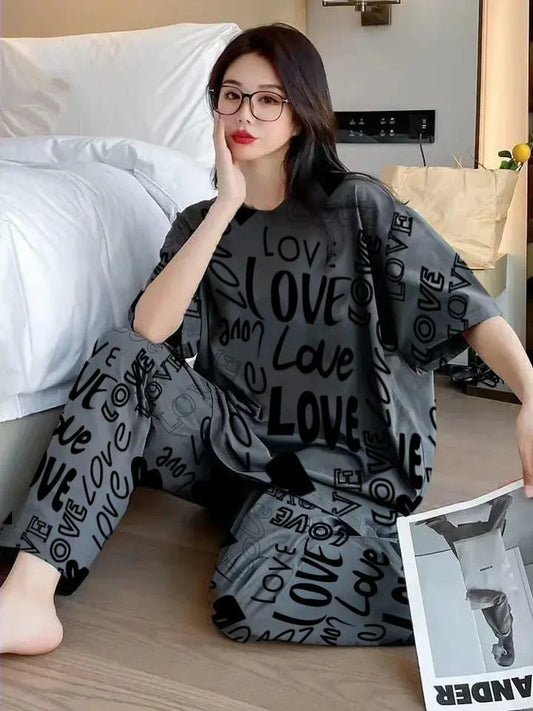 Dark Gray Love Printed Night Suit